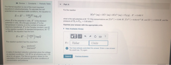 ReviewI Constants1 Periodic Table Part A The Nemst equation is one of the most important equations in olectrochemistry. To ca