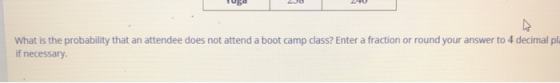 What is the probability that an attendee does not attend a boot camp class? Enter a fraction or round your answer to 4 decima