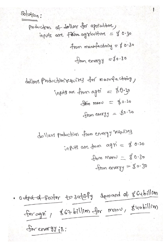 Solution: production of dollar for agriculture, inputs are from agriculture = 80.30 from manufactuning = $ 0:30 from energy =