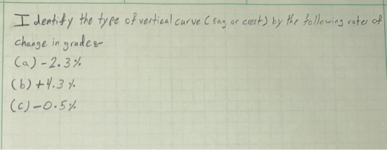 Identify the type of vertical curve (sag or crest) by the following rates of change in grades- (a)-2.3% (6) +4.3% (c) - 0.5%