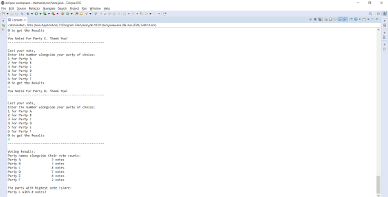 - eclipse-workspace - Akshansh/src/Vote.java - Eclipse IDE File Edit Source Refactor Navigate Search Project Run Window Help