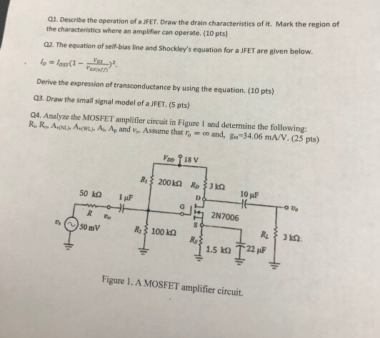 Mark the region of a1. Describe the operation of a JFET. Draw the drain characteristics of it. the characteristics where an amplifier can operate. (10 pts) Q2. The equation of self-bias line and Shockleys equation for a JFET are given below. Derive the expression of transconductance by using the equation. (10 pts) Q3. Draw the small signal model of a JFET, (5 pts) Q4. Analyze the MOSFET amplifier circuit in Figure I and determine the following: R, R. AMNI-, AquL), As Ap and Vo. Assume that r, co and, gin-34.06 mA/V. (25 pts) 2N7006 Figure 1. A MOSFET amplifier circuit.