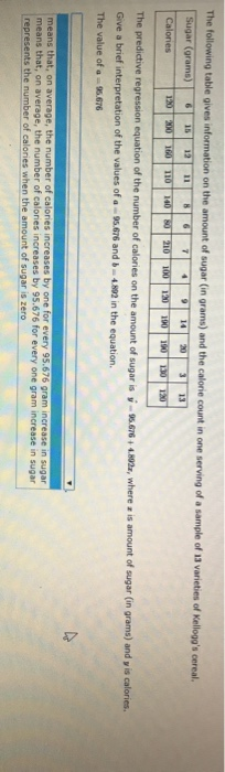 The following table gives information on the amount of sugar (in grams) and the calorie count in one serving of a sample of 1