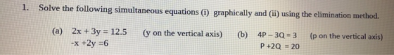 1. Solve the following simultaneous equations (1) graphically and (ii) using the elimination method. (a) 2x + 3y = 12.5 -x +2