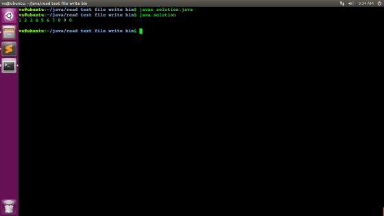 9:34 AM vs@ubuntu: -/java/read text file write bin vs@ubuntu:-/java/read text file write bin$ javac solution.java vs@ubuntu:-