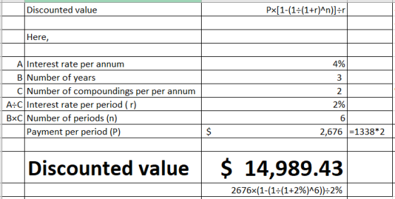 Discounted value Px[1-(1:(1+r)^n)]=r Here, 3 A Interest rate per annum B Number of years C Number of compoundings per per ann