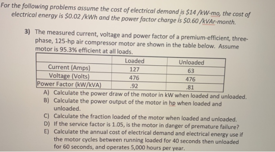 For the following problems assume the cost of electrical demand is $14 /kW-mo, the cost of electrical energy is $0.02/kWh and