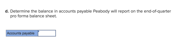 d. Determine the balance in accounts payable Peabody will report on the end-of-quarter pro forma balance sheet. Accounts paya