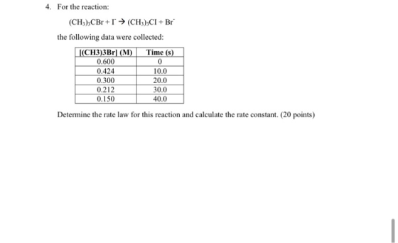 4. For the reaction: (CH3),CBr +1 → (CH3),CI + Br* the following data were collected: (CH3)3Br) (M) Time (s) 0.600 0 0.424 10