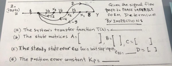 Given the signal fl graph in PHASE VARAABLE 2ps 1 (a) The Sys+em, transfer function TCs) (b) The state matrices A e) The steady state efor ess fer a tinit se ingt (d) The Psion eror constant Ke