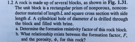 1.2 A rock is made up of several blocks, as shown in Fig. 1.31. The unit block is a rectangular prism of nonporous, noncon- ductor material of length L and square cross section with side length d. A cylindrical hole of diameter d is drilled through the block and filled with brine. a. Determine the formation resistivity factor of this rock block. b. What relationship exists between the formation factor, F and the porosity, ф, for this rock?