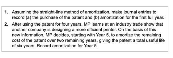 1. Assuming the straight-line method of amortization, make journal entries to record (a) the purchase of the patent and (b) a