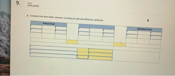 9. value 2.40 points 2. Compute the direct labor variance, including its rate and efficiency variances Actual Cost Standard C