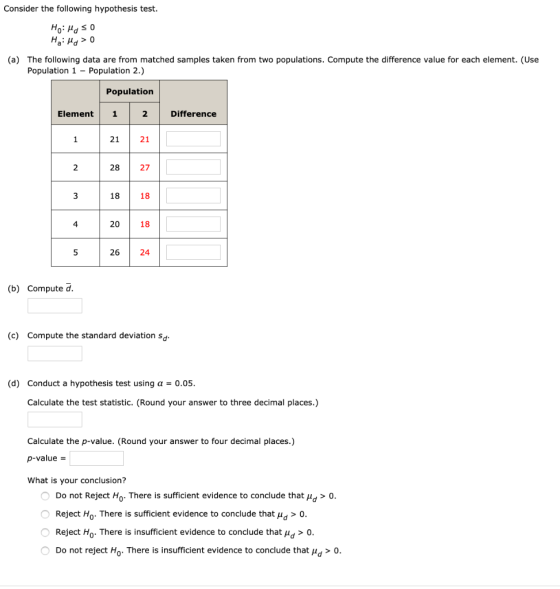 Consider the following hypothesis test. Ho: Moso H:Hd > 0 (a) The following data are from matched samples taken from two popu