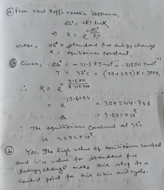 @ from vant Hoffs reaction isotherm, & min. 16° -RT euk 16) ka e RT and whese so = standard free enligy change Ka equilibriu