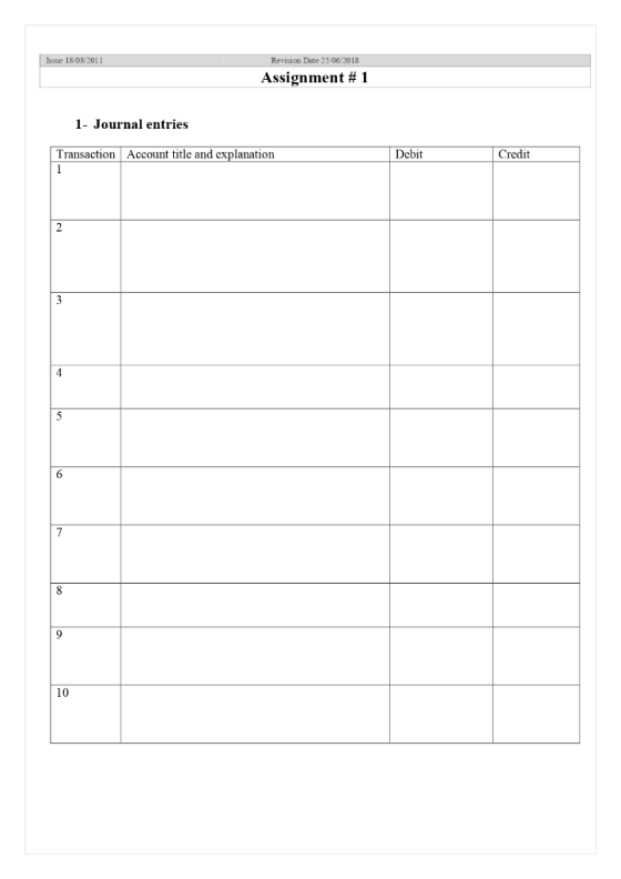 Issue 18 08 2011 Revision Date 25/06 2018 Assignment # 1 1- Journal entries Transaction Account title and explanation Debit C