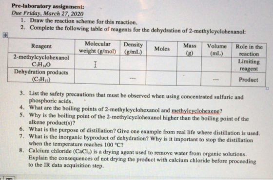 Pre-laboratory assignment: Due Friday, March 27, 2020 1. Draw the reaction scheme for this reaction. 2. Complete the followin