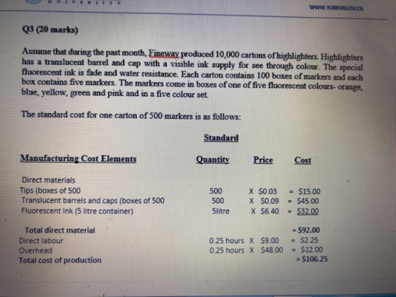 WWW.YORKVILLEU.CA Q3 (20 marks) Assume that during the past month, Eineway produced 10,000 cartons of highlighters. Highlight
