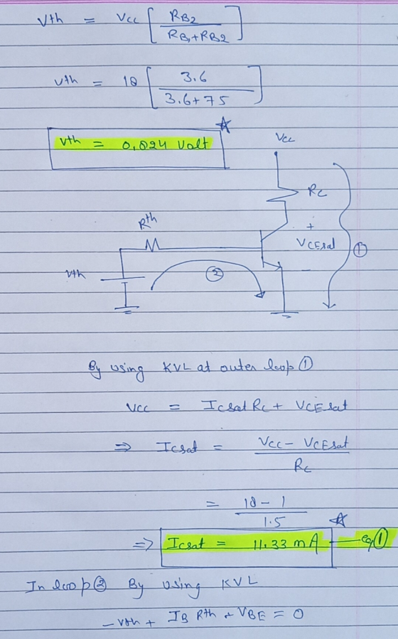 uth Vcc RB2 RB, +RB2 uth 3.6 3.6+75 uth Vee = 0,024 valt RE Rth M V CEsal wth By using KvL at outes loop 6 I csat Ret VCEsat