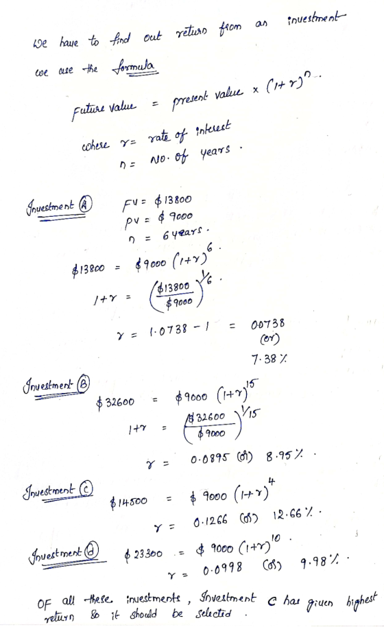 investment We have to find out return from ase the formula we present value x (+ og? . Future Value rate of interest where r=