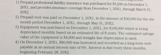 1) Prepaid professional liability insurance was purchased for $3,200 on December 1, 20X1, and provides insurance coverage fro