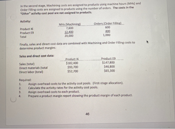 In the second stage, Machining costs are assigned to products using machine hours (MHs) and Order Filling costs are assigned