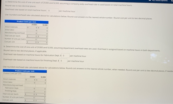 mptions a. Determine the cost of one unit each of Zoo and SL500, assuming a company-wide overhead rate is used based on total