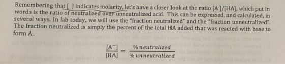 Remembering that indicates molarity, lets have a closer look at the ratio [A]/[HA], which put in words is the ratio of neutr