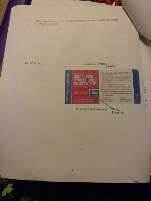 What special instructions need to be given to the client regarding storage of this prescription 4a 66 b dog Neoplasia 30 mg/m
