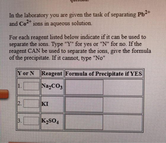 In the laboratory you are given the task of separating Pb and Co2+ solution. 1ons in aqueous For each reagent listed below in