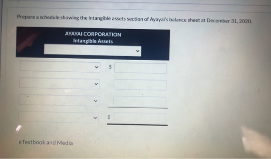 Prepare a schedule showing the intangible assets section of Ayayais balance sheet at December 31, 2020. AYAYAI CORPORATION I