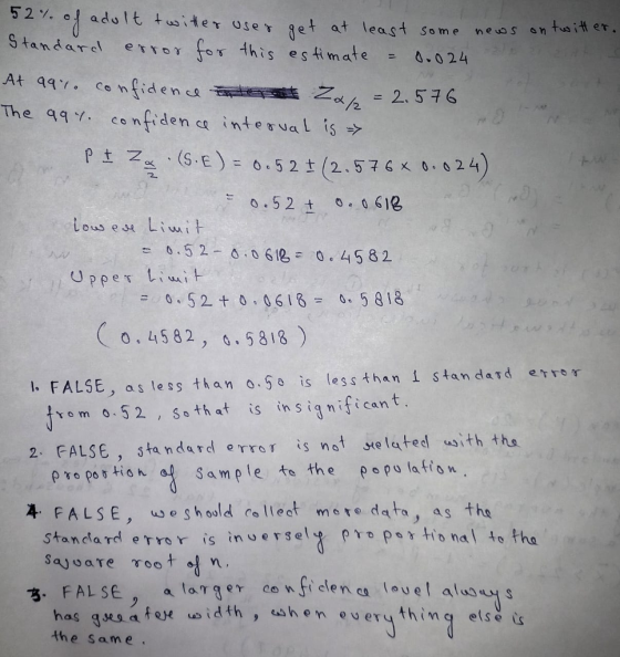52%, adult tu, ite,roses get at least some news Standarel e o this estimate 024 tusitf er. Co tiden The q9% confiden co intervaL İS ラ> Pt 7, ,(S . E ) = 0.52±(2.576乂0,024 = 0.52-0.0618-0.4582 = 0.52十0.06/6= 0.5818 Co, 4582, ‘,5818 ) I FALSE, as less than o.5 is less than i stan dardee omo.52 , Sothat is in sigmificant. 2. FALSE , standard rro is not stelatee ith the 추 FALSE, us e S hos!d allect met, data, as tho Standard error is inverse!オ Pro P tional to tho 3. FALSEaaer co nficlen c levet has ses a ose oidth ,shen euerything etse t the sam e