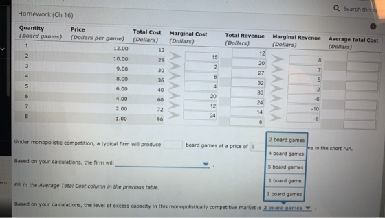 Q Search this ou Homework (Ch 16) Quantity (Board games) Total Cost (Dollars) Marginal Cost (Dollars) Total Revenue Marginal
