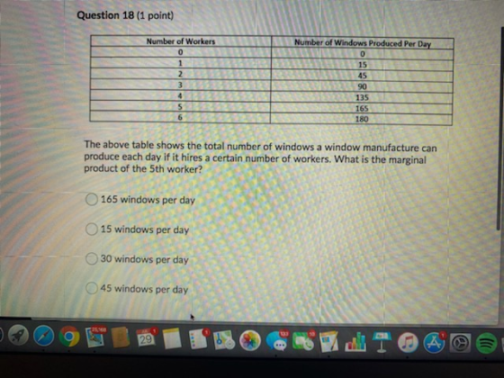 Question 18 (1 point) Number of Workers 0 1 2 3 4 5 6 Number of Windows Produced Per Day 0 15 45 1290 135 165 180 The above t