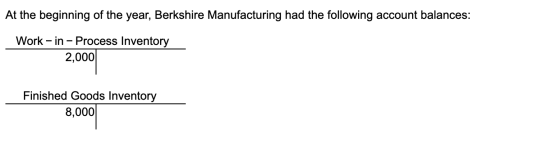 At the beginning of the year, Berkshire Manufacturing had the following account balances: Work-in - Process Inventory 2,000 F