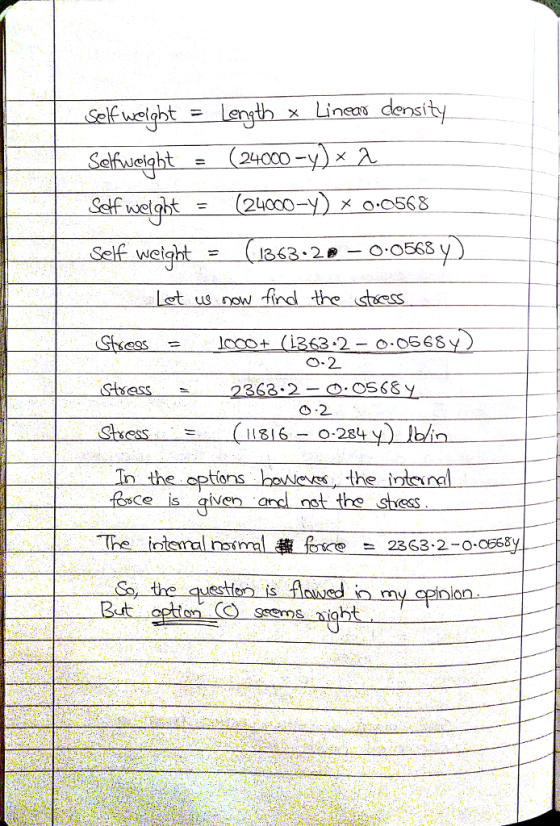 Self welgbt -Lenth x Lineas densit by 24000-y ) × 13532-0056 y Let us now find the stes O-2 으.2 ー0284 Stuess In the options no Veves the irrenal sce is aiven andd not the sthess S, the questfen is Aowed n Sem