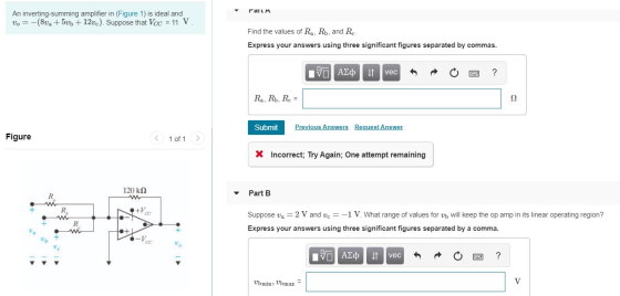 ΓαιιΗ An inverting-summing amplifier in (Figure 1) is ideal and Vo = -(802 +505 + 12vc). Suppose that Vcc = 11 V. Find the va