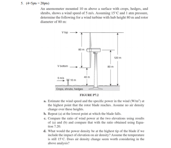 5. (4x5pts = 20pts) An anemometer mounted 10 m above a surface with crops, hedges, and shrubs, shows a wind speed of 5 m/s. A