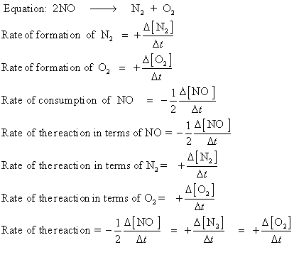 Equation: 2NO —— NE + Oy AN Rate of formation of N, = +- Δε A[0] Rate of formation of O = +- 14[NO] Rate of consumption of NO