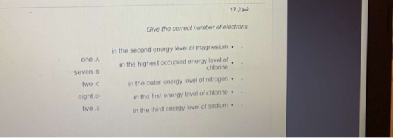 17 . Give the correct number of electrons in the second energy level of magnesium in the highest occupied energy level of chl