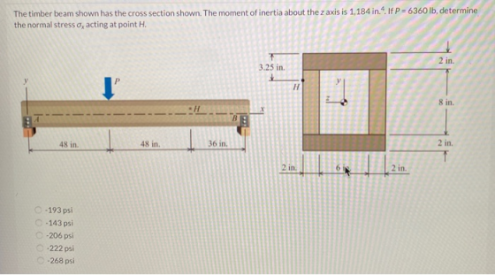 The timber beam shown has the cross section shown. The moment of inertia about the z axis is 1,184 in.4. If P = 6360 lb, dete