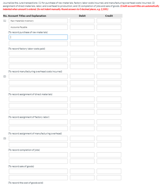 Journalize the June transactions: (1) for purchase of raw materials, factory labor costs incurred, and manufacturing ovErhead costs incurred: (2) assignment of direct materials, labor, and overhead to production; and (3) completion of jobs and sale of goods. (Credit account titles are automatically indented when amount is entered. Do not indent manually. Round answers to O decimal places, eg. 2,500.) No. Account Titles and Explanation Debit Credit 1) Raw Materlals Inventory Accounts Payable To record purchase of raw materials) To record factory labor costs paid) To record manufacturing overhead costs incurred) To record assignment of direct materials) To record assignment of factory labor) record assignment of manufacturing overhead) (To record completion ofjobs) To record sale of goods) To record the cost of goods sold)
