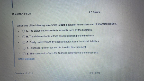 2.0 Points Question 12 of 20 Which one of the following statements is true in relation to the statement of financial position