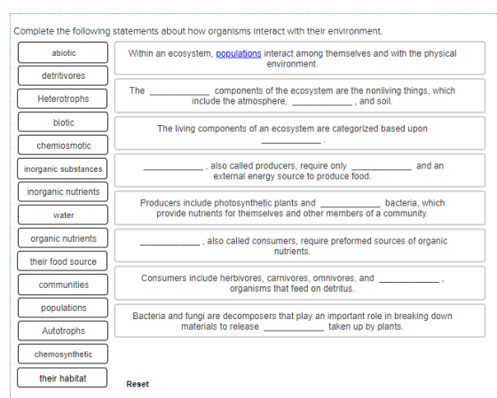 Complete the following statements about how organisms Interact with their environment abiotic Within an ecosystem, population