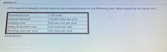 Question 33 A firm wants to develop a level material use schedule based on the following data. What should be the setup cost?