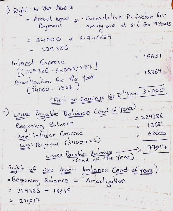 Right to Use Assets * Annual lease Payment Commulative Pufactor for anowity due at 8% for 9 years ت 34000 * 6.746639 229386 1