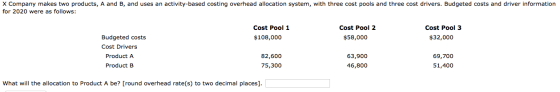 X Company makes two products, A and B, and uses an activity-based costing overhead allocation system, with three cost pools a