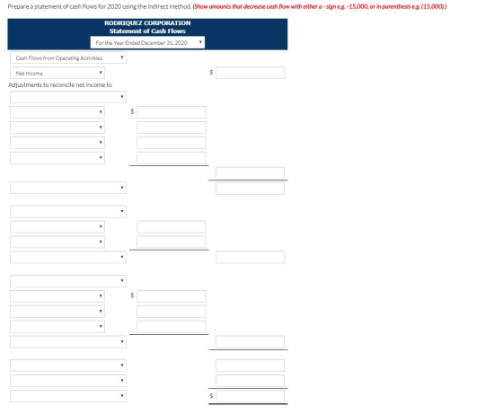 Prepare a statement of cash flows for 2020 using the indirect method. (Show amounts that decrease cash flow with either a-sig