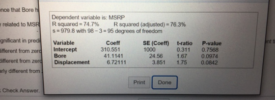 ence that Boreh related to MSR Dependent variable is: MSRP Rsquared = 74.7% Rsquared (adjusted) = 76.3% s = 979.8 with 98 - 3