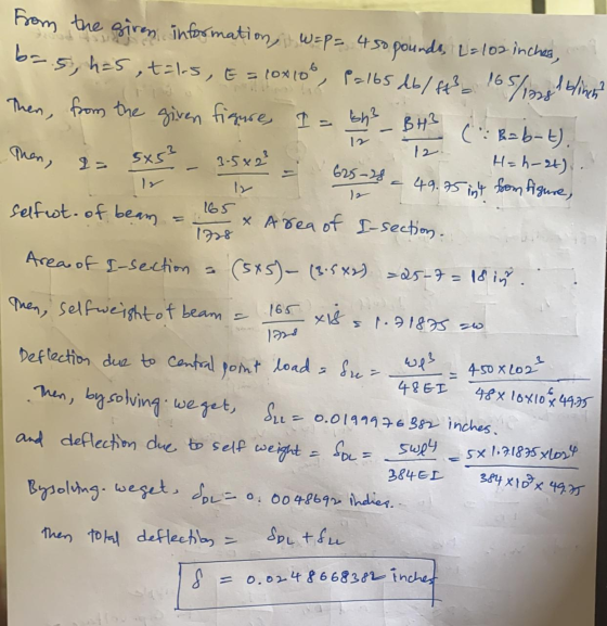 Iblinen from the giren information, W=p= 450 pounds, L=102 inches, b=.5, has ,t=15, E = 10x108, Palbs db/ft? 165/198! Then, f